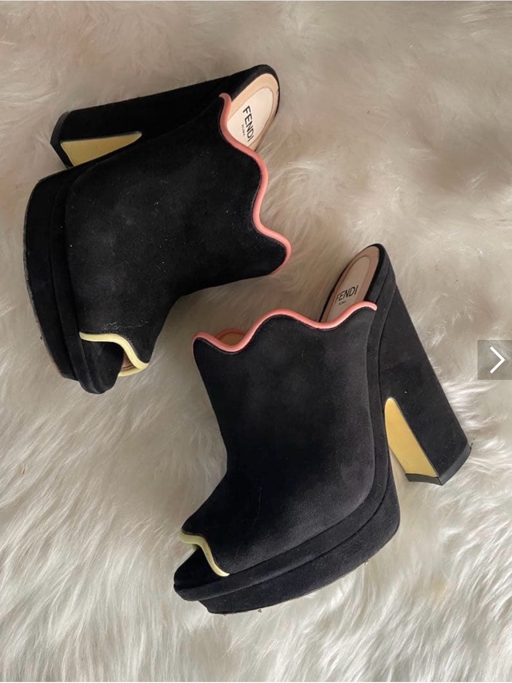 Fendi Black Suede Platform Mules with Pink and Yellow Trim